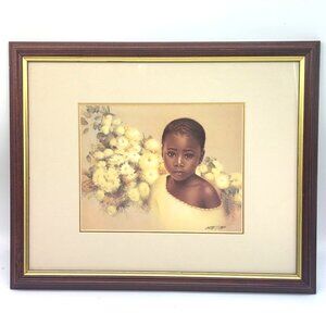 Carl Owens “Little Flower” Framed African American Girl Print 15.5x12.5 Vintage